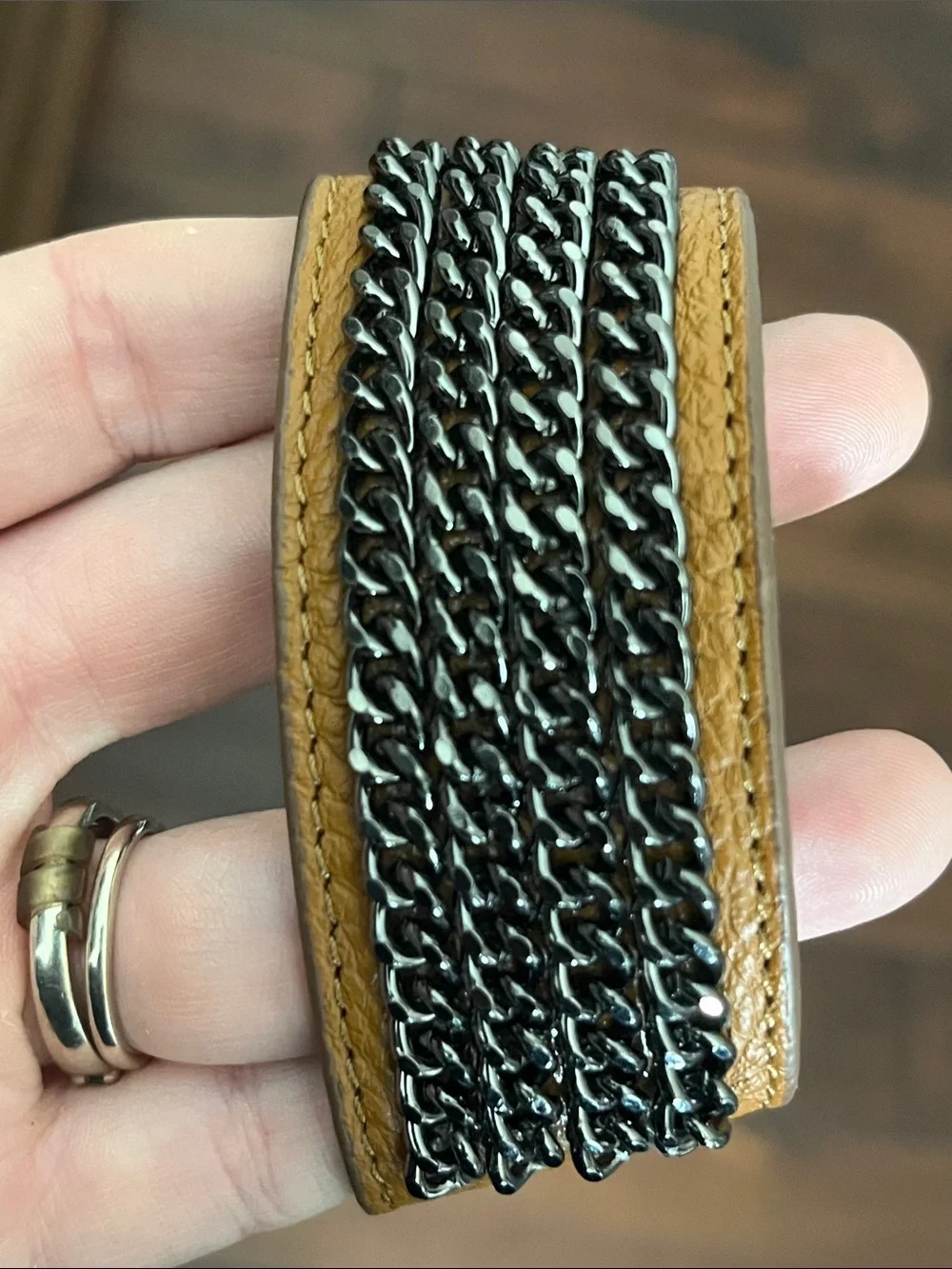 Brown Leather Chain-Accent Bracelet Cuff